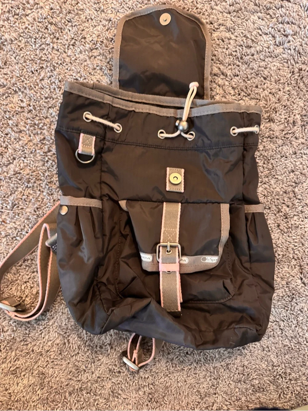 LeSportsac Grey Nylon Drawstring Backpack with Pink Trim
